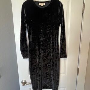 Michael Kors Black Crushed Velvet Stretchy Bodycon Midi Dress Long Sleeve Sz M
